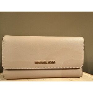 MICHAEL KORS JET SET TRAVEL LARGE TRIFOLD SAFFIANO LEATHER WALLET PINK BLUSH‎